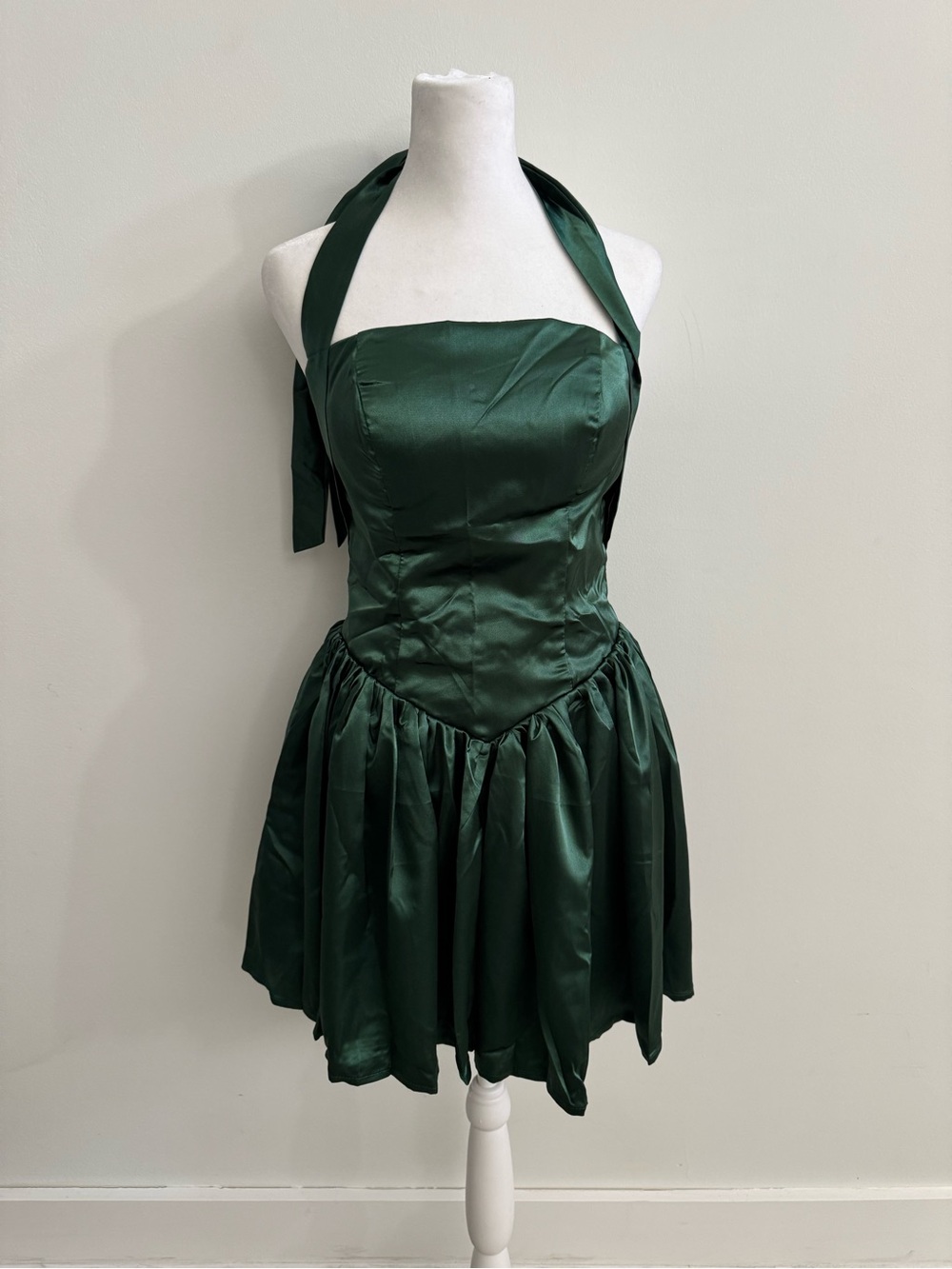 Forest Green Satin Halter Mini Dress